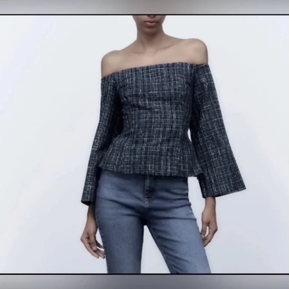 New! Zara Off The Shoulder Square Neckline Top Blue Black Tweed 31940 - Picture 2 of 13